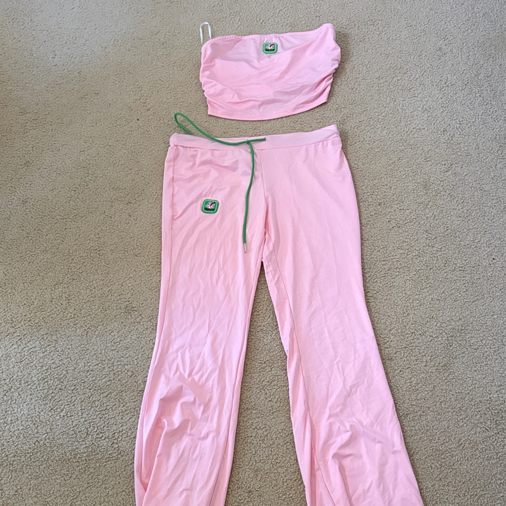 Pink Tube Top and Pants Set with Green Accents